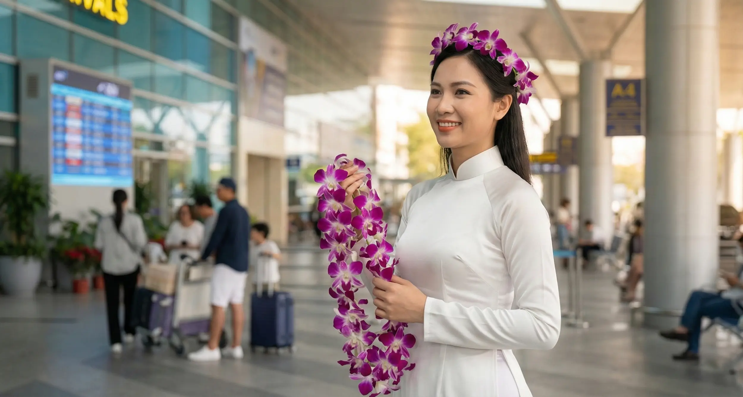 Vietnamese greeter with flower garland
